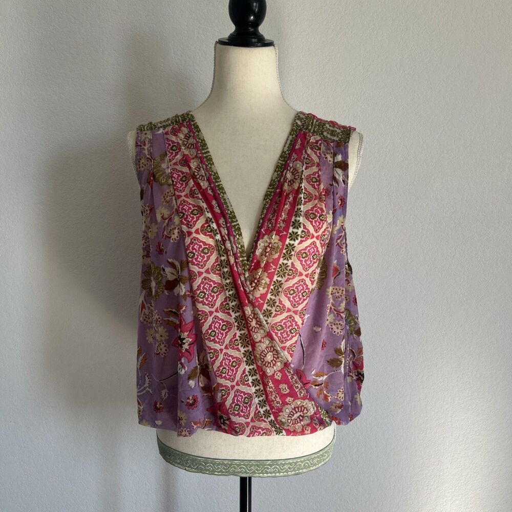 Free People Havana Tank Top Pink Purple Floral Mesh Surplice Flowy Boho Blouse M